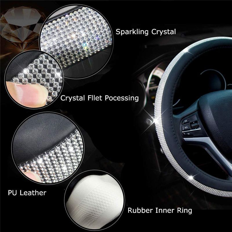 HOUSE DAY Diamond Leather Auto Steering Wheel Cover with Bling Crystal Rhinestones Car Wheel Protector Universal 15 Inch Anti-Slip Leather PU