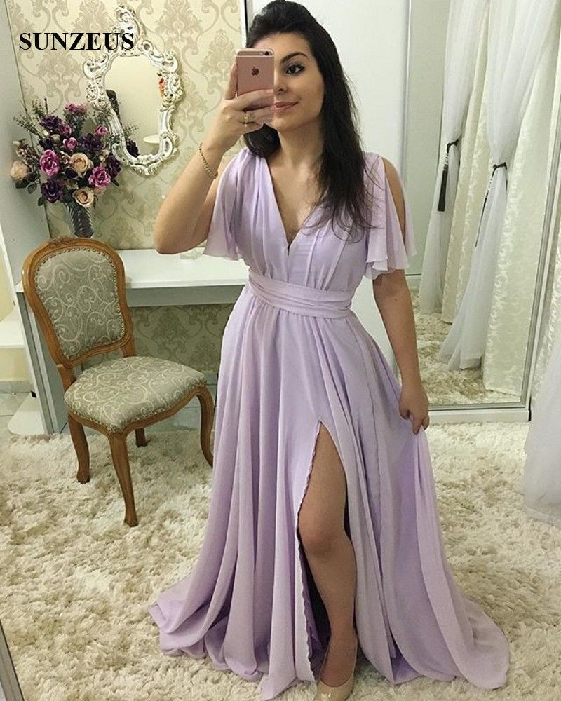 2019 vestido morado para damas de honor una gasa con cuello V vestido