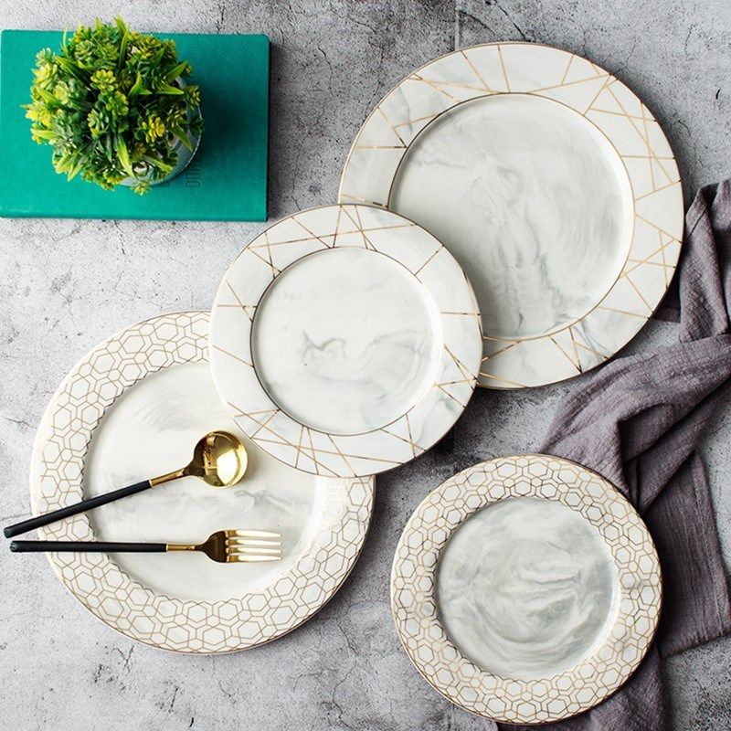 European Style Marble Plates Ceramic Dinner Plate Gold Inlay Porcelain Tableware