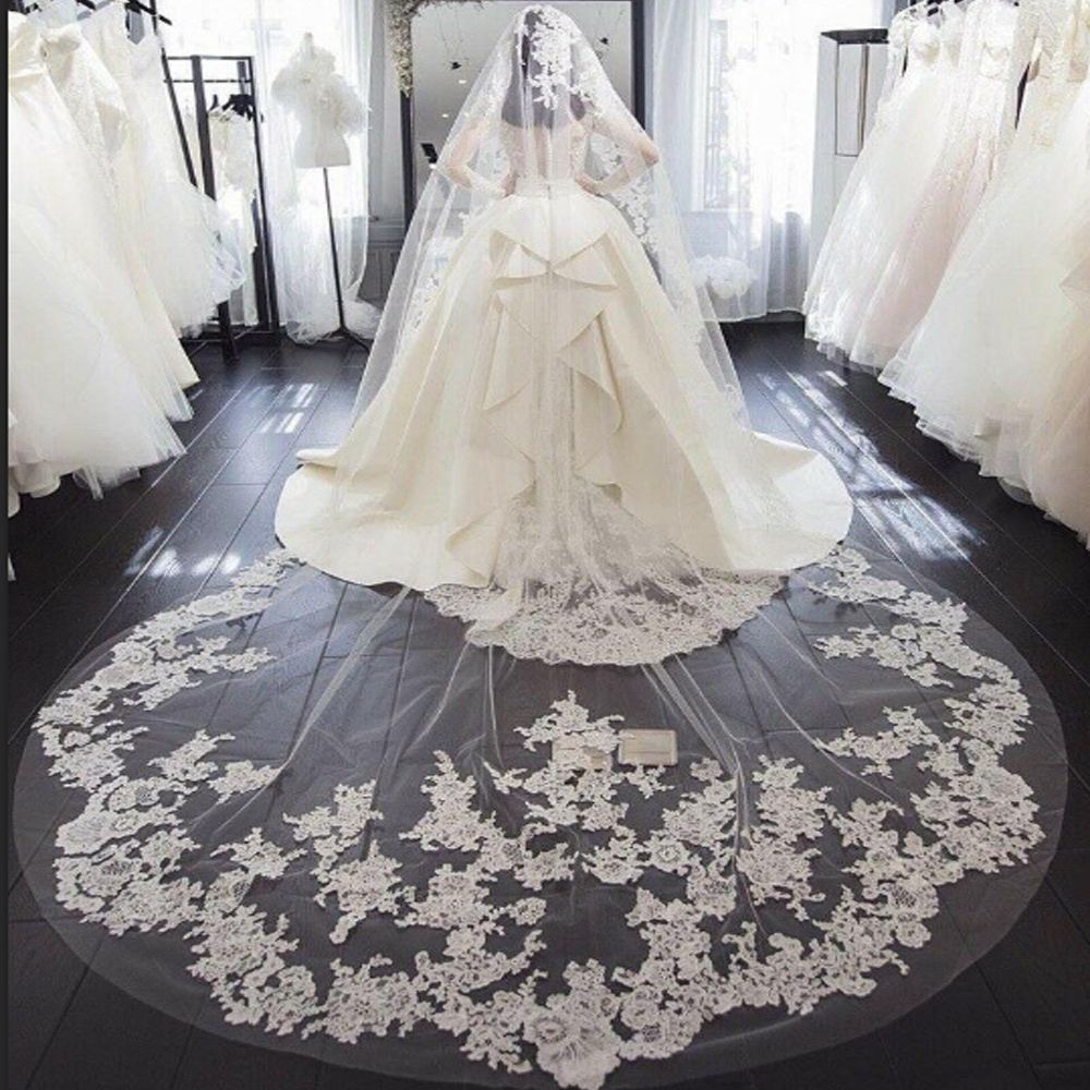 4m Veil Lace Appliqued Cathedral Length White Ivory Wedding Veil