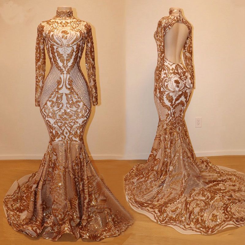 Gold Long Mermaid Prom Dresses New Long Sleeve High Neck Floor