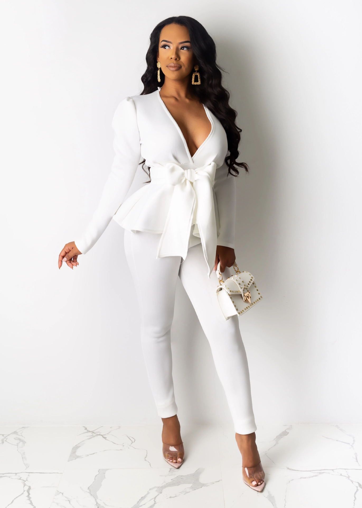 Tootless-Women Peplum V Neck Slim Fitted Blazer and Bodycon Dress Suit Sets