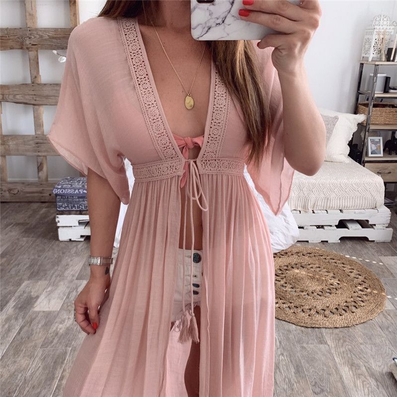 Womens Lace Sewn Bohemian Dress Deep V-Neck Summer Fashion Casual Loose Beach Dress