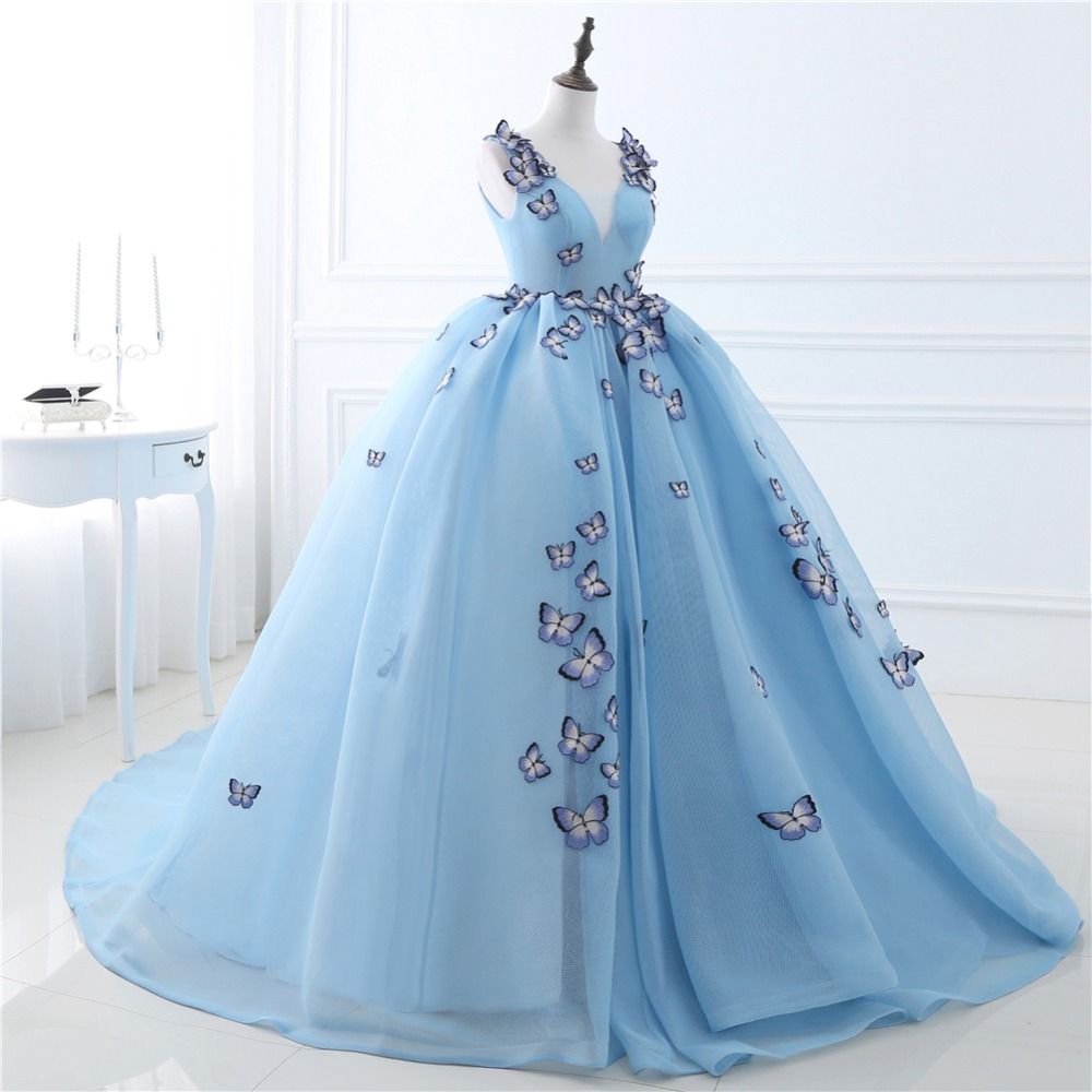 Compra 2019 Más Nuevo Azul Claro Quinceañera Vestidos De Mariposa Apliques  En Stock 100% Real Foto Real Trayos Formal Vestidos De Noche Vestido Longo  Al52 Barato | Entrega Rápida Y Calidad | Es.Dhgate
