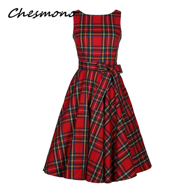 2020 Women O Neck Red Tartan Checks 