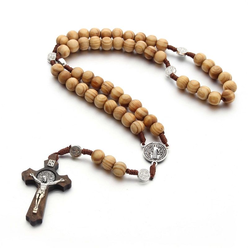 Wholesale Classic Hand Woven Beads Wooden Cross Necklace Pray Necklace Pray Rosary Religious