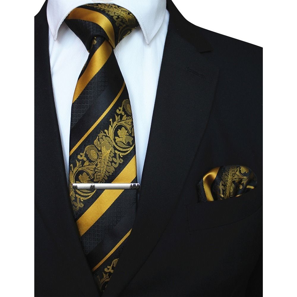 New Men/'s Formal stripes polyester Neck Ties /& Hankie set black prom wedding