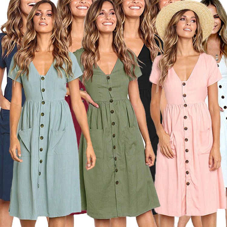 Mujer Falda Vestidos Con Botones Con Cuello En V Mujer Falda Vestidos Con Botones Con Cuello En V
