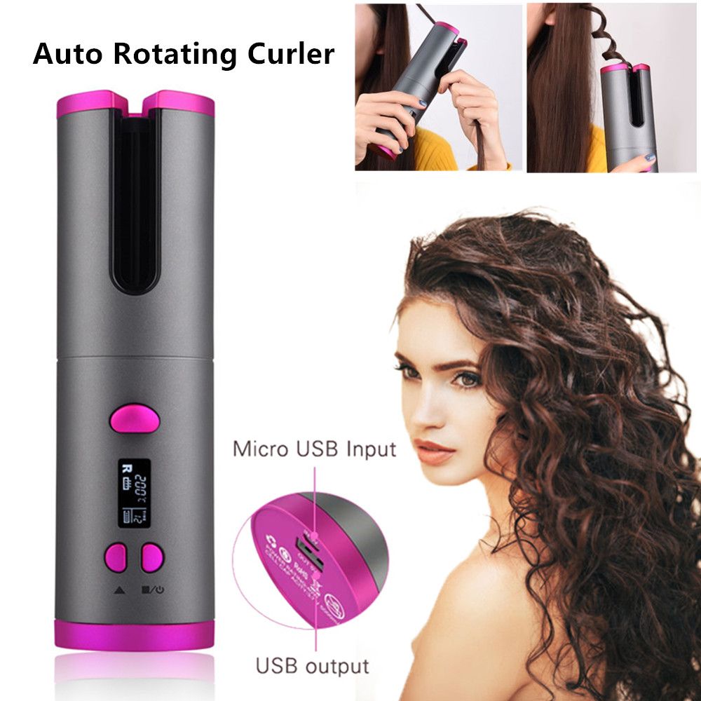 Portable Cordless Auto Rotating Ceramic Hair Curler USB Rechargeable Curling  Iron LED Display Temperature Adjustable Curling Wave Styer