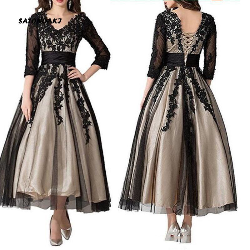 3/4 Long Sleeve Black Lace Mother Of The Bride Dress Ankle