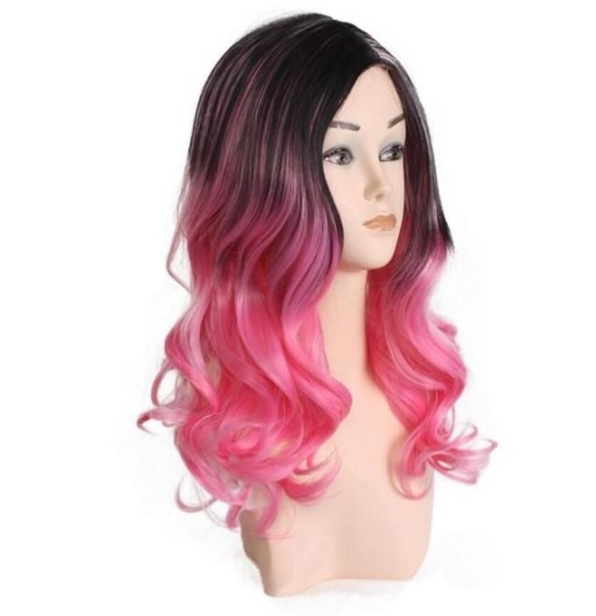 European And American Fashion Harajuku Wig Female Medium Long Curly Hair Gradient Pink Blue Mid Point Bangs Anime Character Hood From 133 24 79 Dhgate Com