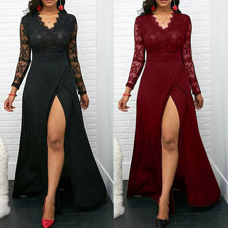 Gamko glass double door display fridge mg2/500g Womens Sexy Lace V Neck Split Maxi Dress Ladies Long Sleeve Elegant