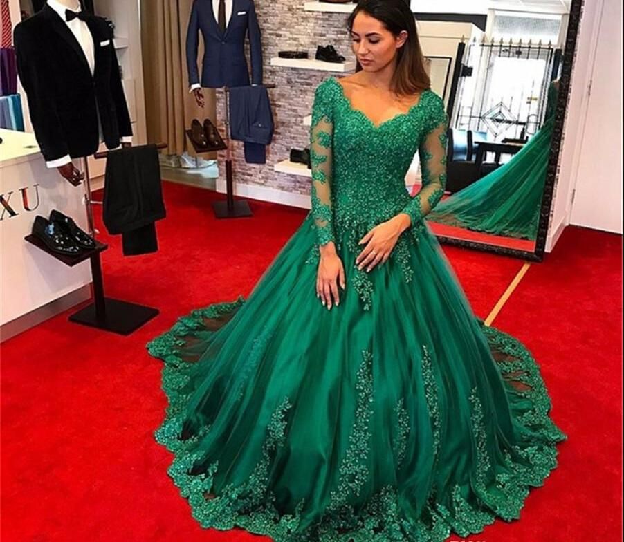 pecho Experto Haz un esfuerzo Formal Vestidos de color verde esmeralda Traje de noche 2019 Abalorios de  manga larga con apliques