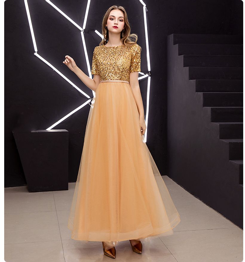 New 2020 Gold Sequins Prom Dresses Short Sleeve Sparkly Shiny Top