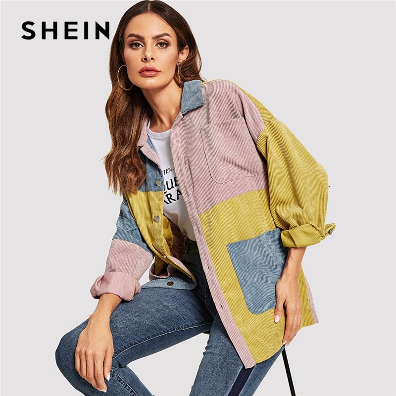 Compra Shein Casual Multicolor Corte Y Del Escudo Sew Bolsillo Delantero  Pana Solo Pecho Abrigo De Otoño Moderno Señora Prendas De Abrigo CJ191205  Barato | Entrega Rápida Y Calidad | Es.Dhgate