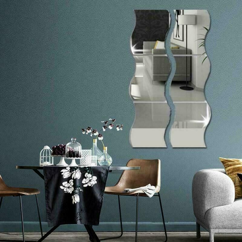 Small Mirror Tiles Wavy Mosaic Wall Stickers Self Adhesive Stick On Art Decal Removable