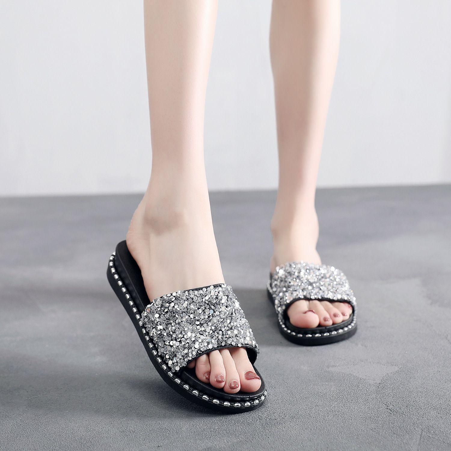 Bling Slippers Women Casual Glitter Rhinestone Crystal Summer Slippers ...