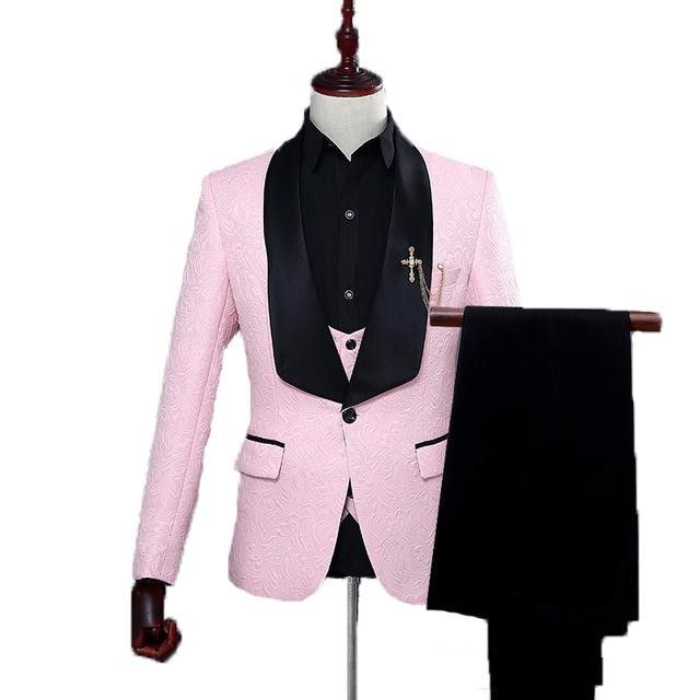 Pink Embossing Groom Tuxedos Shawl Lapel Mens Wedding Tuxedos Fashion