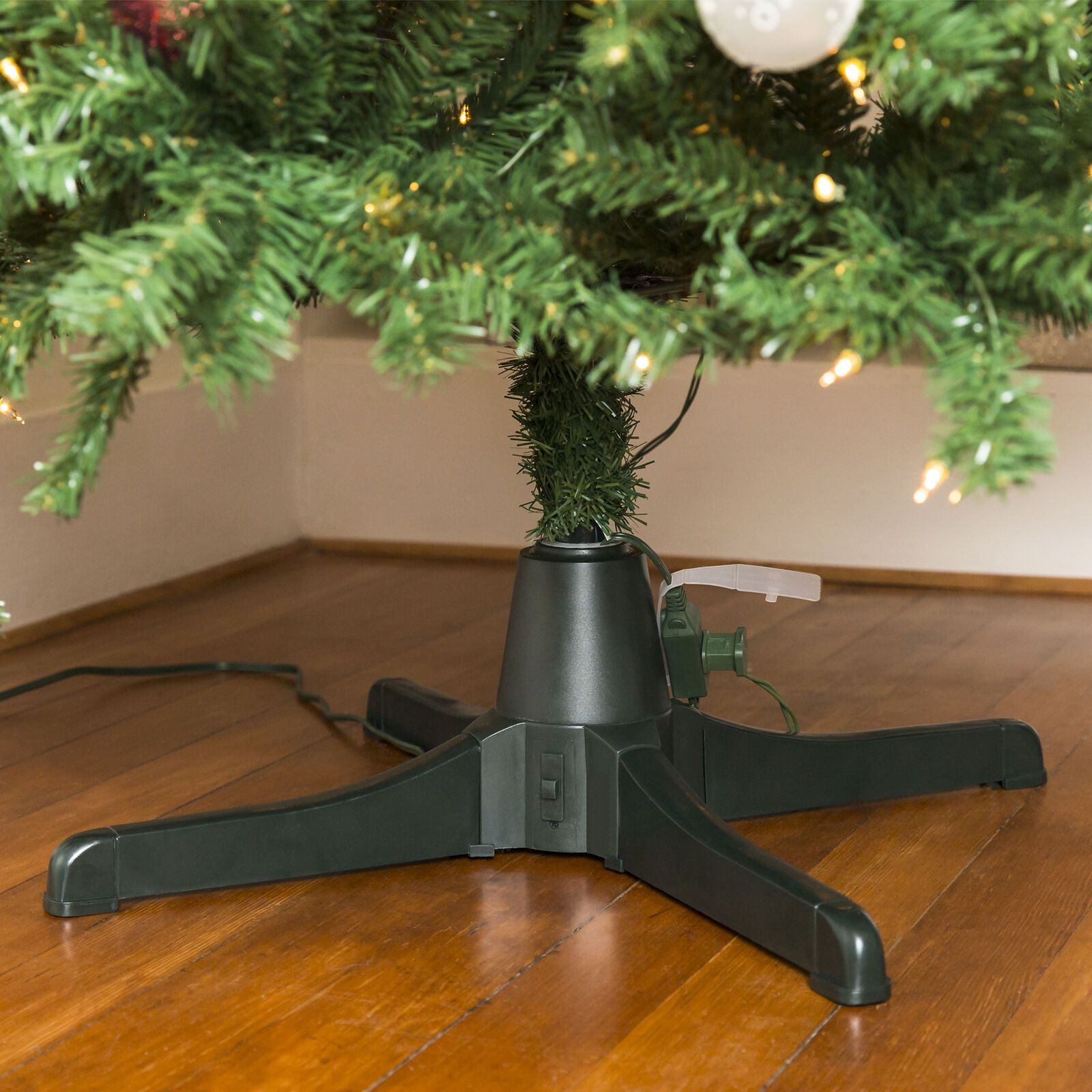Suporte rotativo de árvore de Natal de 360 graus com 3 configurações, 3 tomadas Suporte rotativo de árvore de Natal de 360 graus com 3 configurações, 3 tomadas