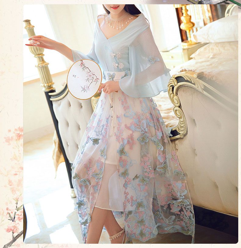 Fantasias chinesas antigas dinastia Tang diário vestido Cosplay vestidos Traje azul sólido bordado borboleta vestido de Fantasias chinesas antigas dinastia Tang diário vestido Cosplay vestidos Traje azul sólido bordado borboleta vestido de