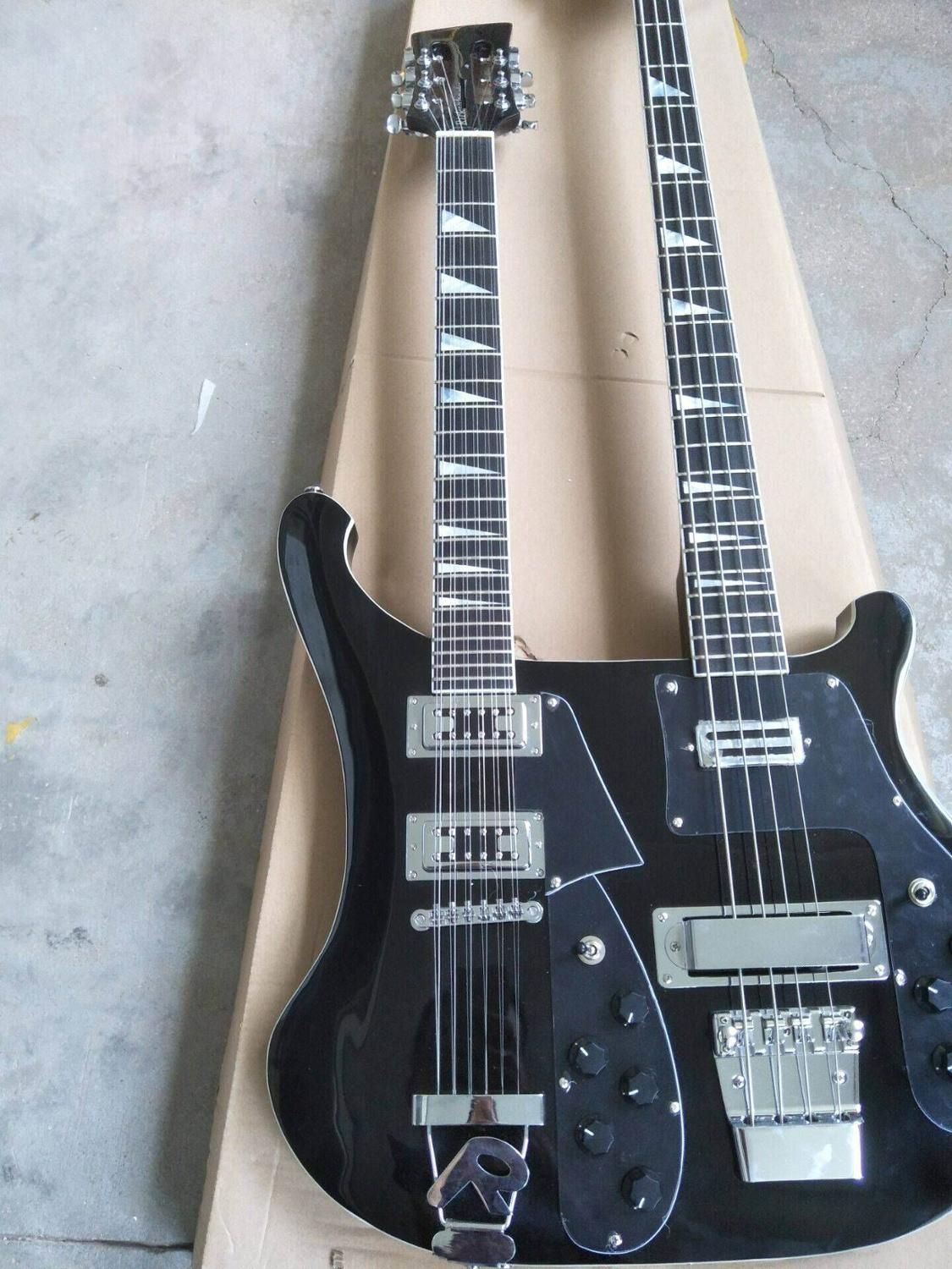 Custom Wholesale Double Neck Guitar 4003 Black 4 String Bass + 12