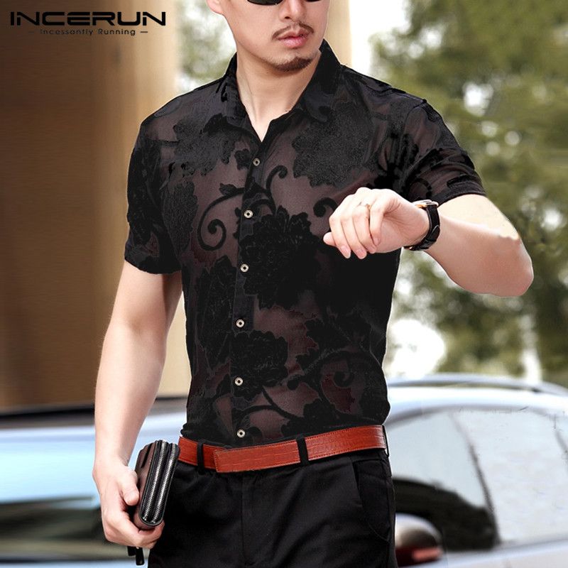 INCERUN Sexy Men Mesh Shirt Printed 