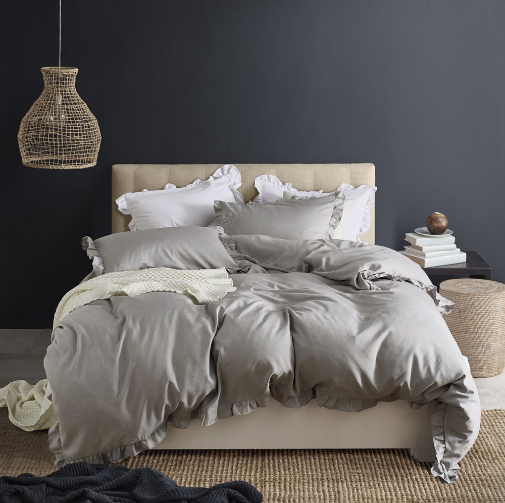 New Year Gift Solid Light Grey Gray Flounced Bedding Duvet Cover