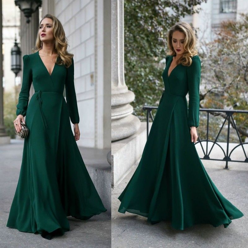 Green A Line Dress With Sleeves Online 
