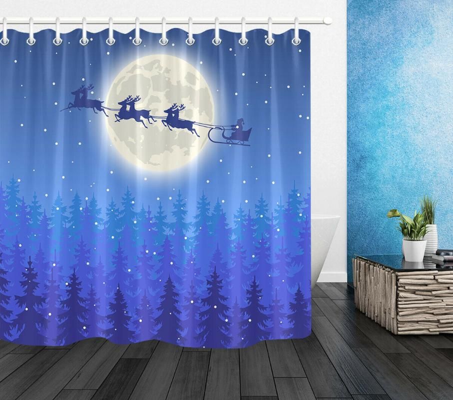 2020 Blue Night Sky Moon Pine Forest Santa Fabric Shower Curtain Set Bathroom Decor From Periwinkle 27 16 Dhgate Com