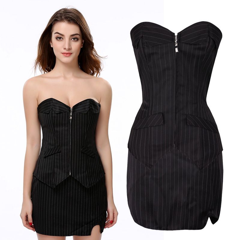 Set Front Zipper Sexy Pinstripe Corset 