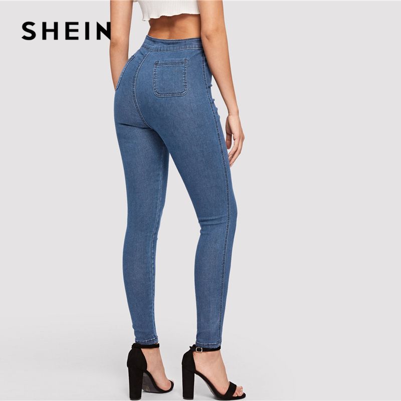 SheIn Womens High Waist Jeans Skinny Stretchy Denim Pants Blue Large
