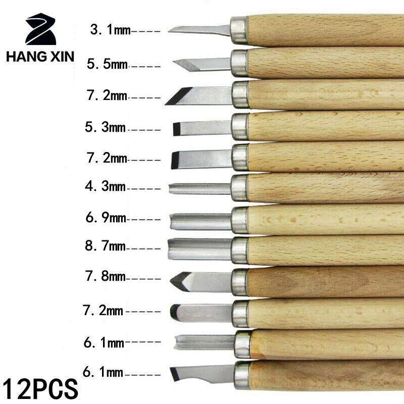 12pcs Wooden Handle Wood Craft Sculpture Carving Graver Chisel Tools Cutter