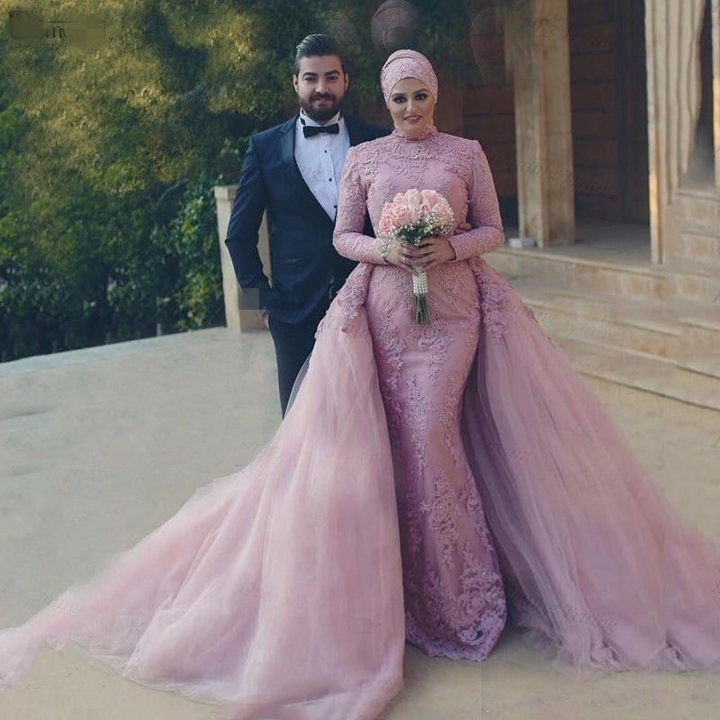 Pink Muslim Long Sleeves Evening Dresses 2020 High Neck Mermaid Tulle Lace Islamic Dubai Saudi Arabic Elegant Hijab Formal Evening Gown Womens Gowns 1940s Evening Dresses From Babydress001 70 86 Dhgate Com