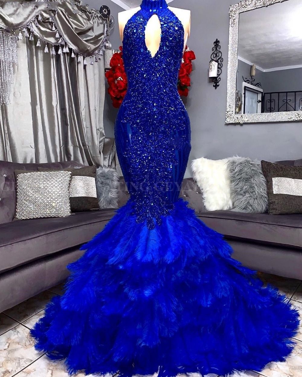 Royal Blue Feathers Mermaid Prom Dress 