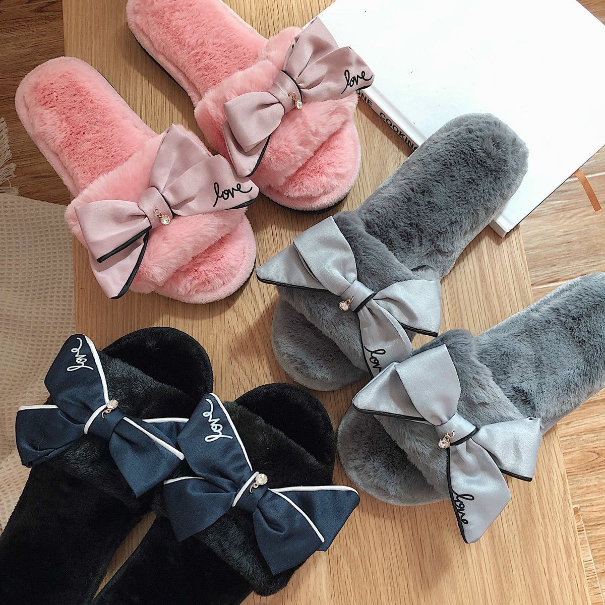 Cute Bow Fuzzy Slippers Winter Faux Fur Slides Soft Indoor Womens Slippers For Home Fluffy ...