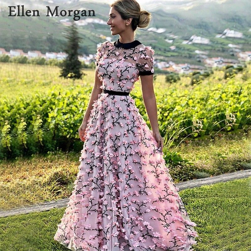Compra Vestidos De Fiesta Arabia Saudita Pink Tarde 2021 Cerrado Atrás  Flores 3D Mangas Cortas Longitud De Piso Elegantes Vestidos Formales Para  Mujeres Barato | Entrega Rápida Y Calidad | Es.Dhgate