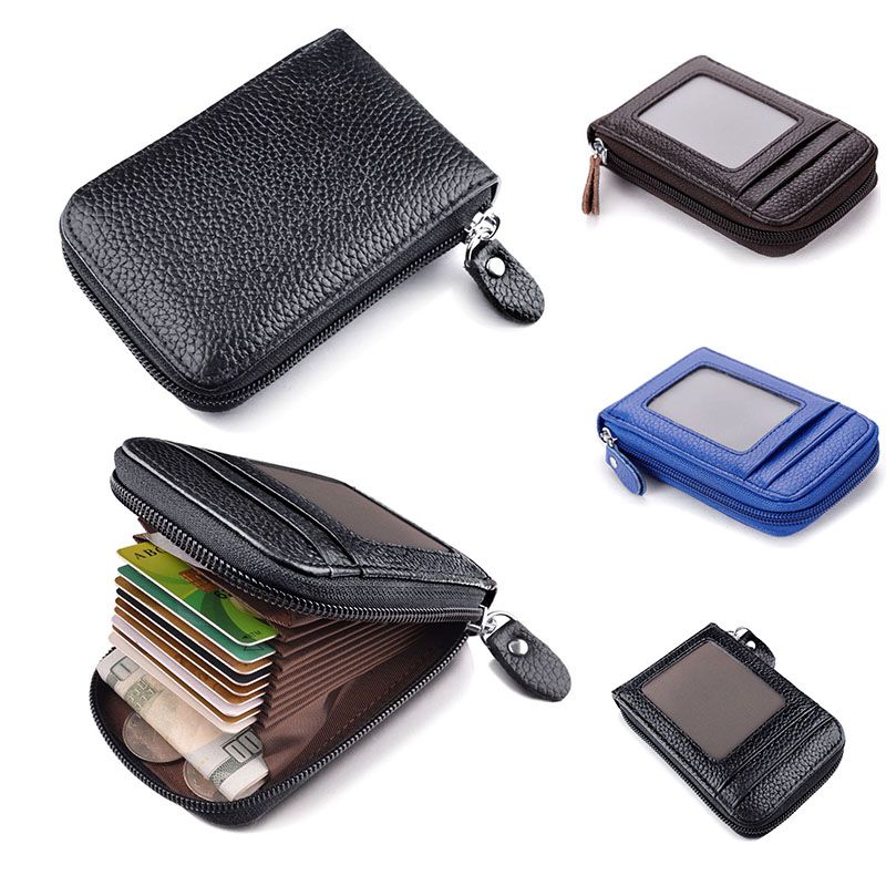 Men/'s Wallet Genuine Leather Credit Card Holder RFID Blocking Zipper Thin Pocket