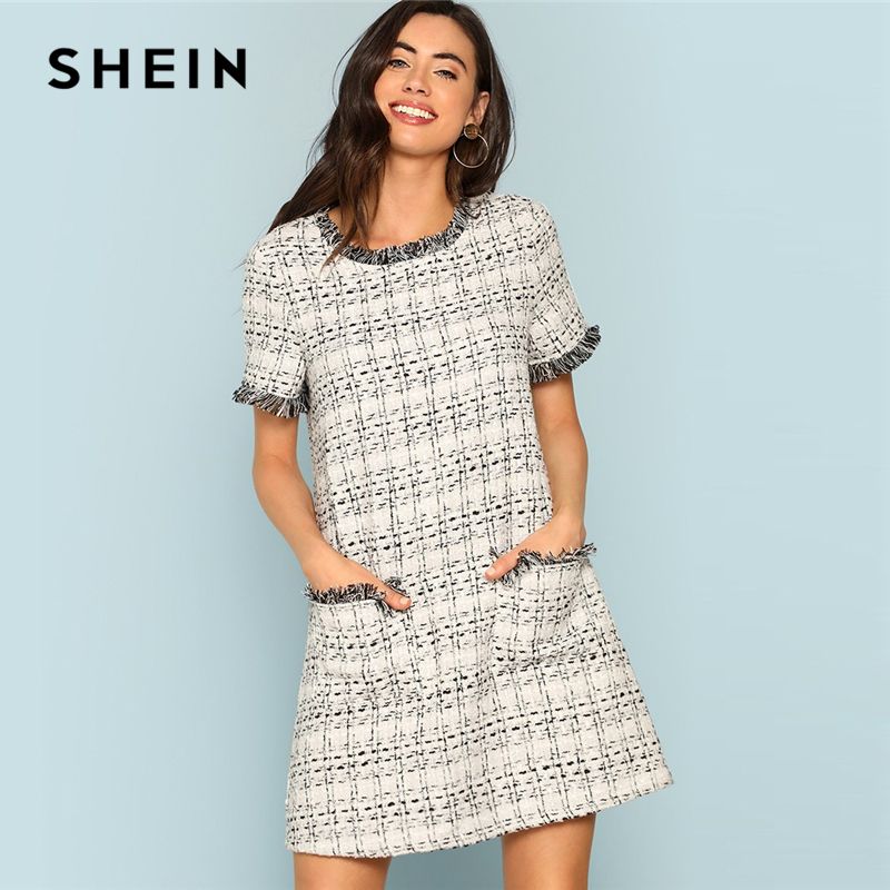 Compra Shein Gris A Cuadros Borde Desgastado Botón Detalle Tweed Vestido  Elegante Volante Recto Vestidos Cortos Mujeres Otoño Ropa De Trabajo Mini  Vestido Y19021411 Barato | Entrega Rápida Y Calidad | Es.Dhgate