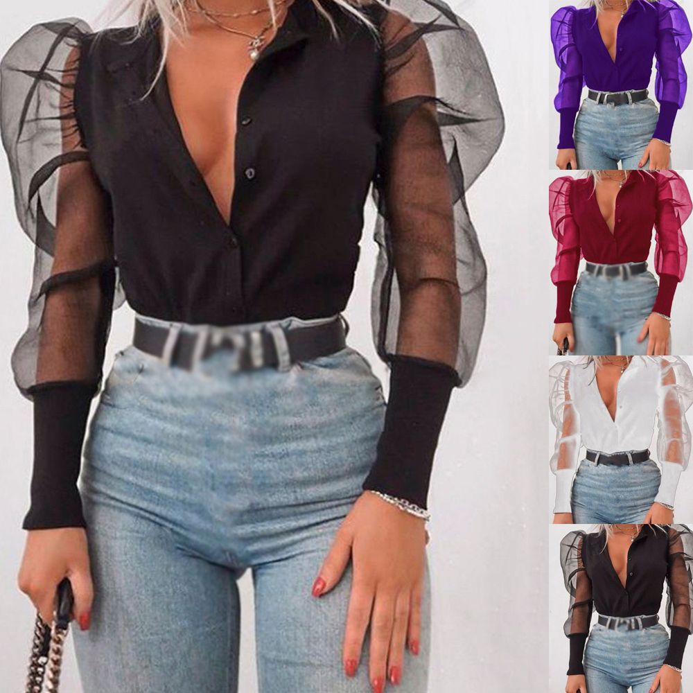 Compre Moda Mujeres Botón Casual Ver A Través De La Camisa Del Cordón Atractivo De La Blusa De Manga Larga Escarpada Del Partido Del Soplo Tapas Atractivas Del Club Del Partido De