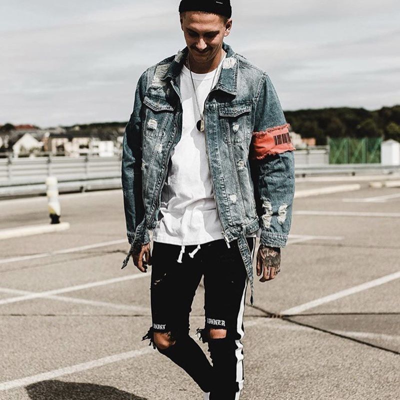 Mens Jean Jacket Streetwear Hip Hop 