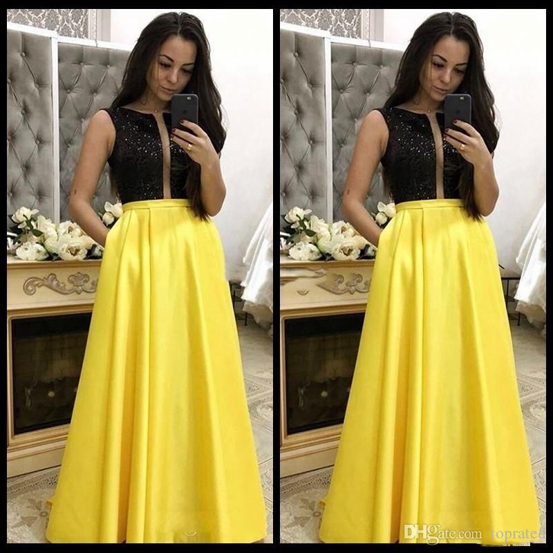 Acquistare 2020 Da Sera Lunghi Prom Dresses Partito Dei Vestiti E Nero  Giallo Charme Sera Paillettes Corpetto Senza Maniche In Raso Abiti A Buon  Mercato Più Size Economico | Consegna Veloce E