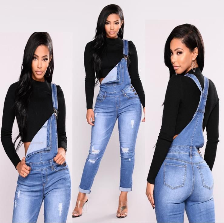2019 New Jeans Woman Overol de mujer Jeans rasgados para mujer Monos de cintura alta