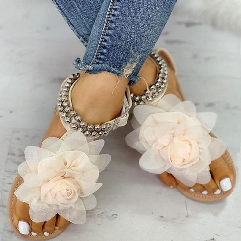 Sandalias de verano 2019, sandalias de flores planas, elegantes de playa con cuentas de sandalias