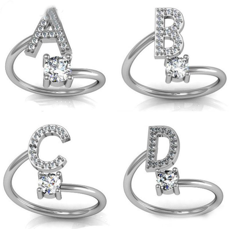 Fashion 26 Letters Silver Ring For Women Rhinestone Open A Z Initial