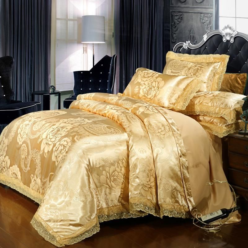 Lace Edge Satin Duvet Cover Set Solid Color Gold Beige Luxury