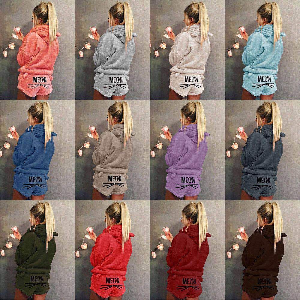 Women's Fashion Cute Cat Embroidered Warm Shorts Pajamas Hooded Suit 2 Piece Set