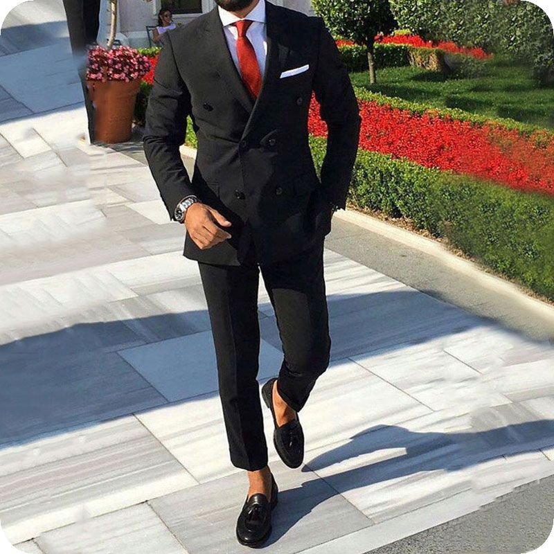 Summer Beach Black Men Suits Groom Wedding Tuxedo Double Breasted