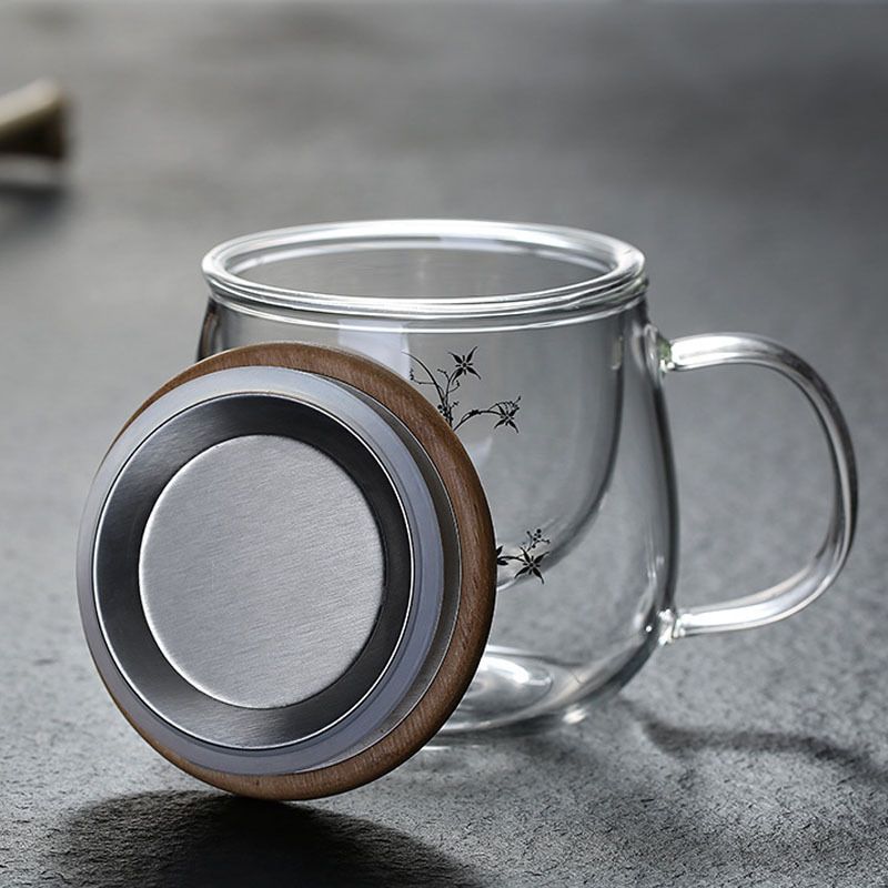Natuiahan Tasse en Verre de Borosilicate avec Couvercle et Cuillère en Bambou Poli Grande Tasse de 420 ml pour Boissons Chaudes.