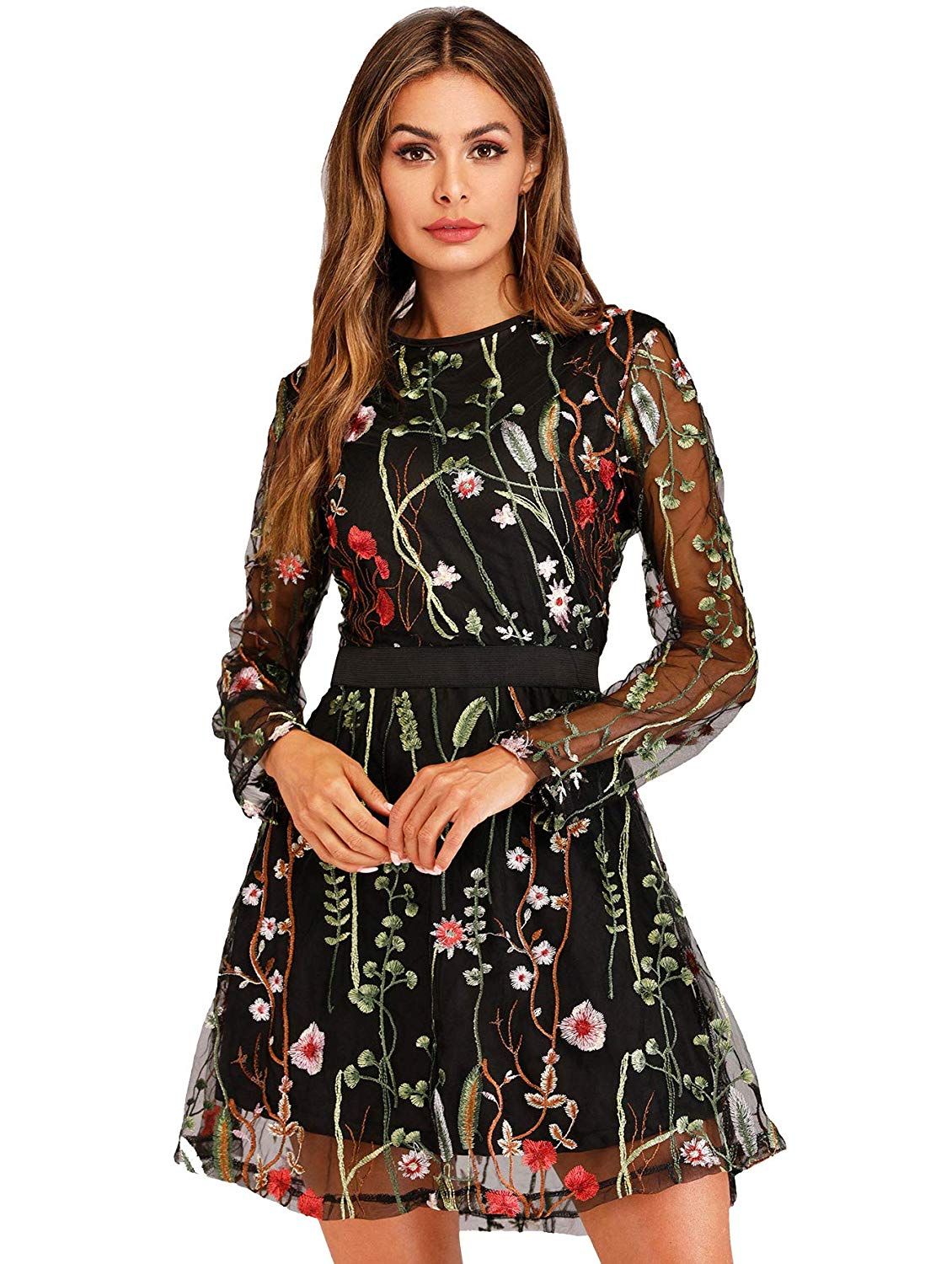 embroidered mesh dress long sleeve