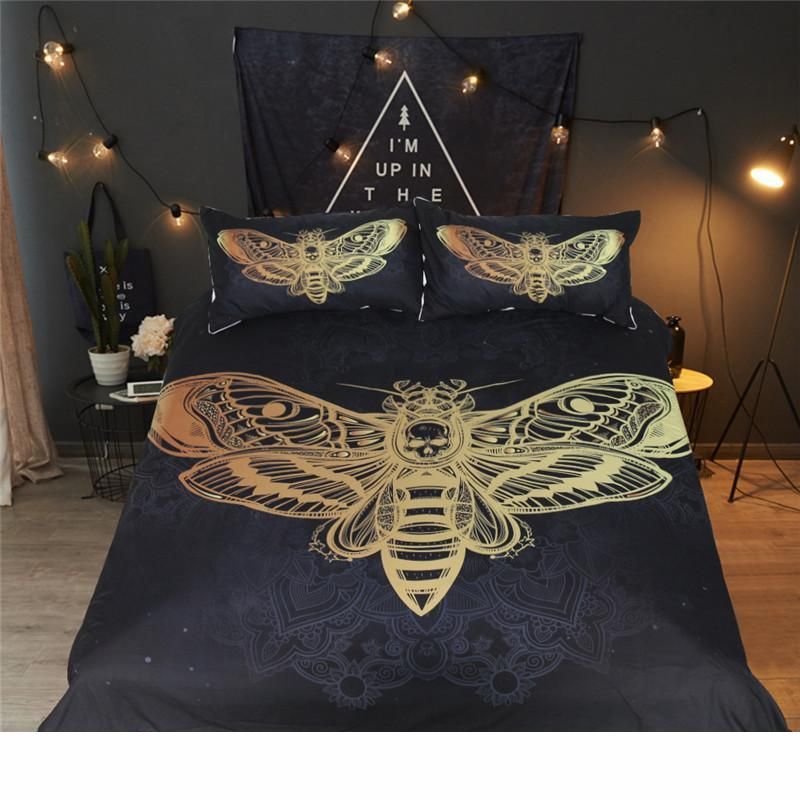 Bed Set Death Moth Skull Duvet Cover Bedding Set Black Golden Home